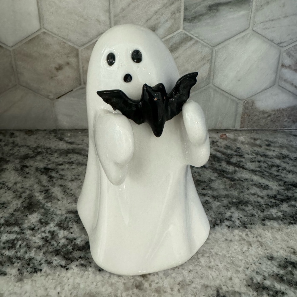 4.5" Ceramic Ghost with Bat Halloween Figurine - Hyde & Eek! Boutique